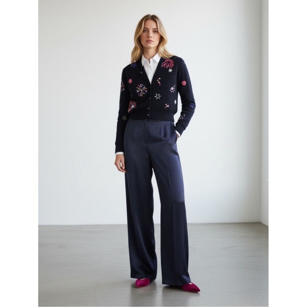 Boden Navy Blue Satin Wide Leg Trouser Pant High Waist Women’s Size 8 Petite NWT